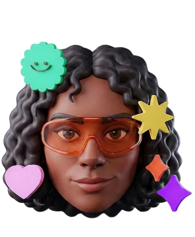 3D illustration of a woman's face with curly black hair, wearing orange glasses, and surrounded by colorful shapes including a green smiley flower, yellow star, pink heart, and purple and orange diamonds.