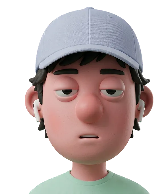 3D cartoon character wearing a light gray cap and mint green shirt, with wireless earbuds and a tired or uninterested expression.