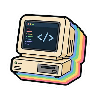 Cartoon-style vintage beige computer with code brackets displayed on the screen and a rainbow-colored shadow overlay.