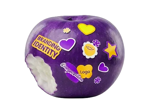 Purple apple with a bite taken out, decorated with colorful stickers including hearts, stars, and words like 'BRANDING IDENTITY', 'corporation', and 'Logo'.
