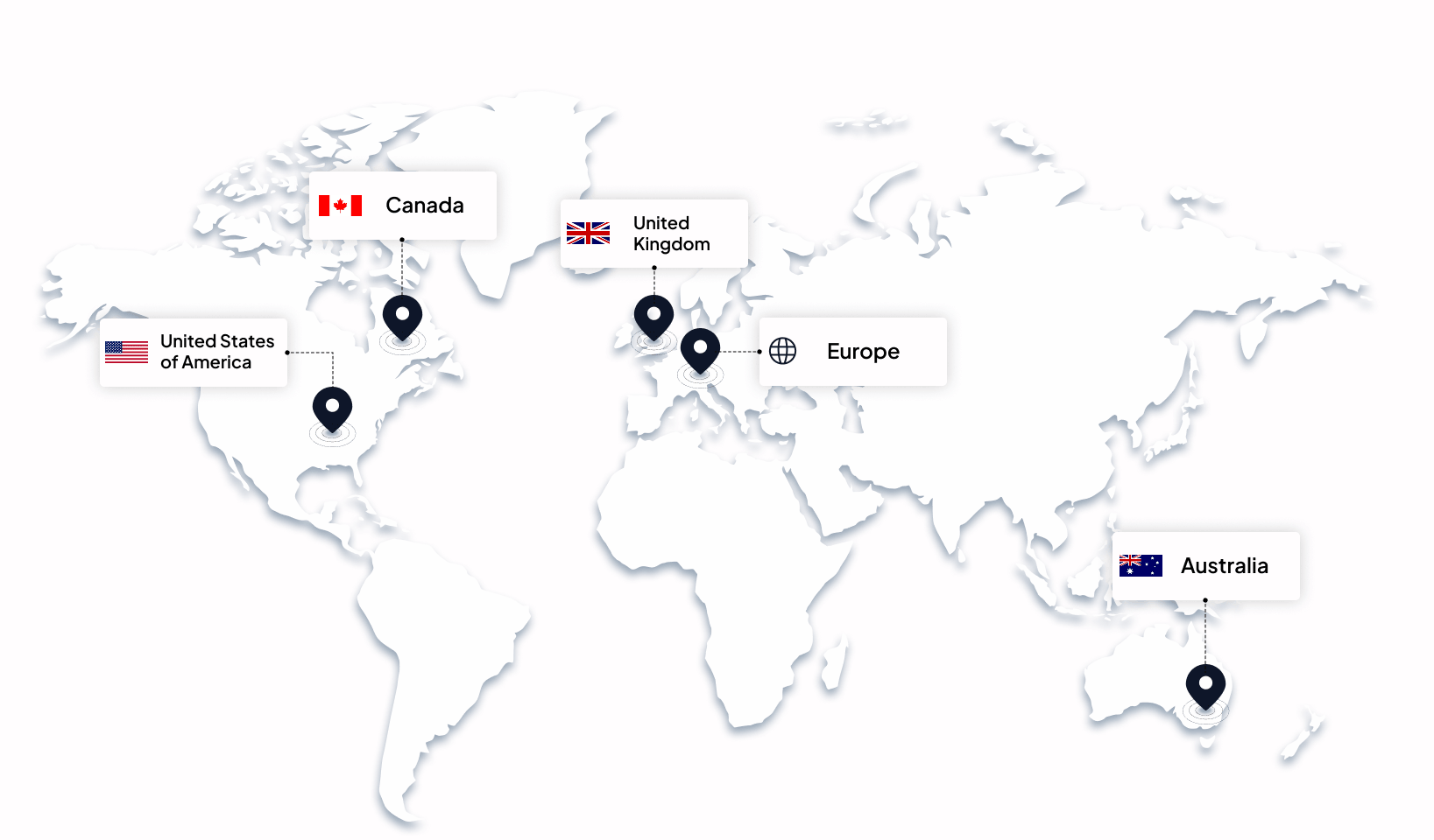 A light blue and white world map graphic showing five location pin drops with labeled flags/icons for regional availability: United States of America, Canada, United Kingdom, Europe, and Australia.