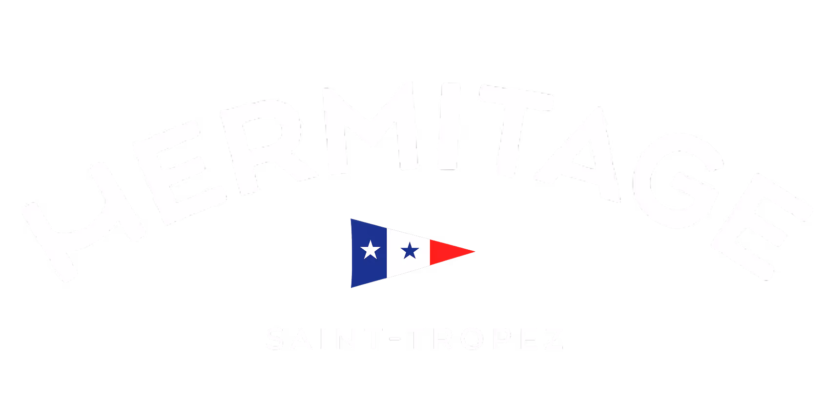 Logo Mermitage avec un fanion bleu, blanc, rouge et les mots Saint-Tropez en dessous.