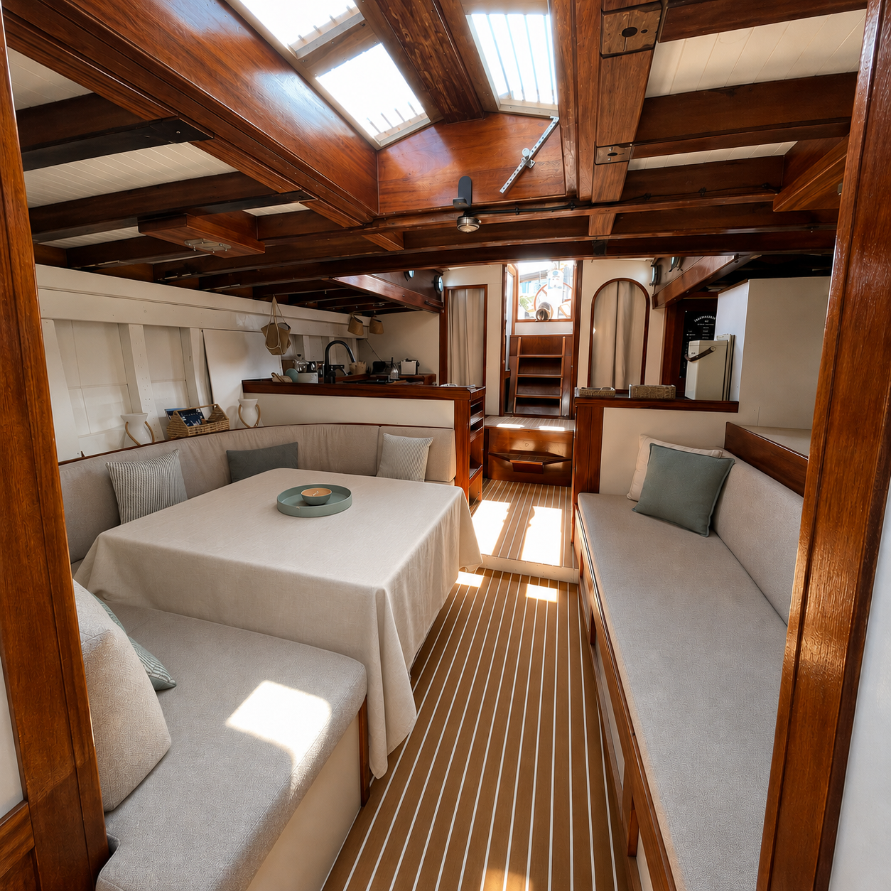 Intérieur chaleureux d'un bateau avec assises en tissu, table couverte et toit en bois avec puits de lumière