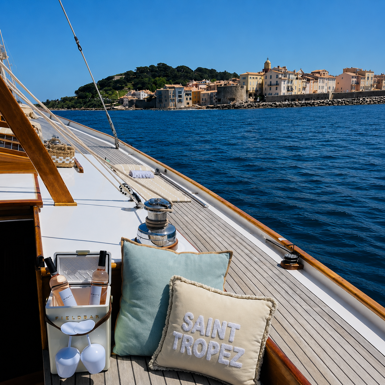Bateau de luxe à quai avec coussins et vin rosé, vue sur le littoral ensoleillé de Saint-Tropez.
