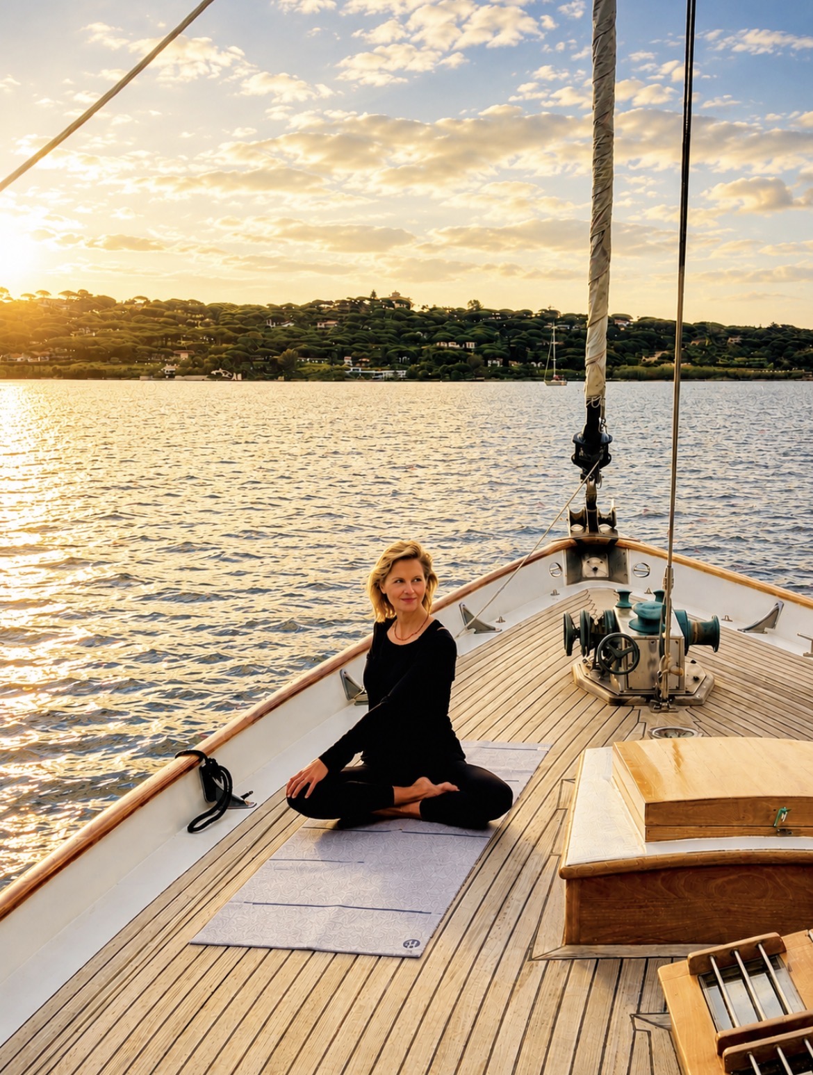 Femme assise en position de yoga sur un bateau au coucher du soleil sur l'eau calme.