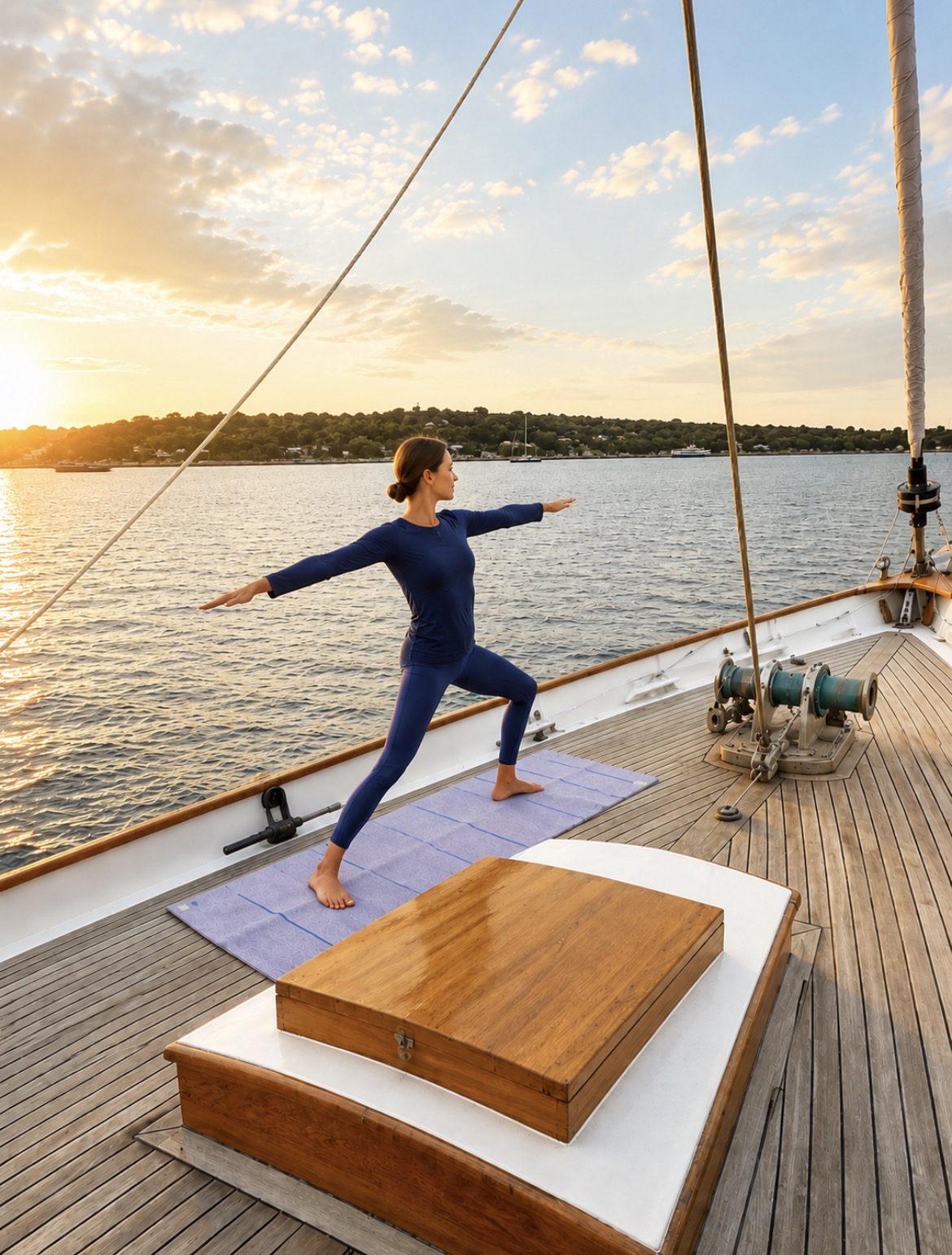 Femme faisant du yoga en posture du guerrier sur un tapis sur un voilier au lever du soleil.