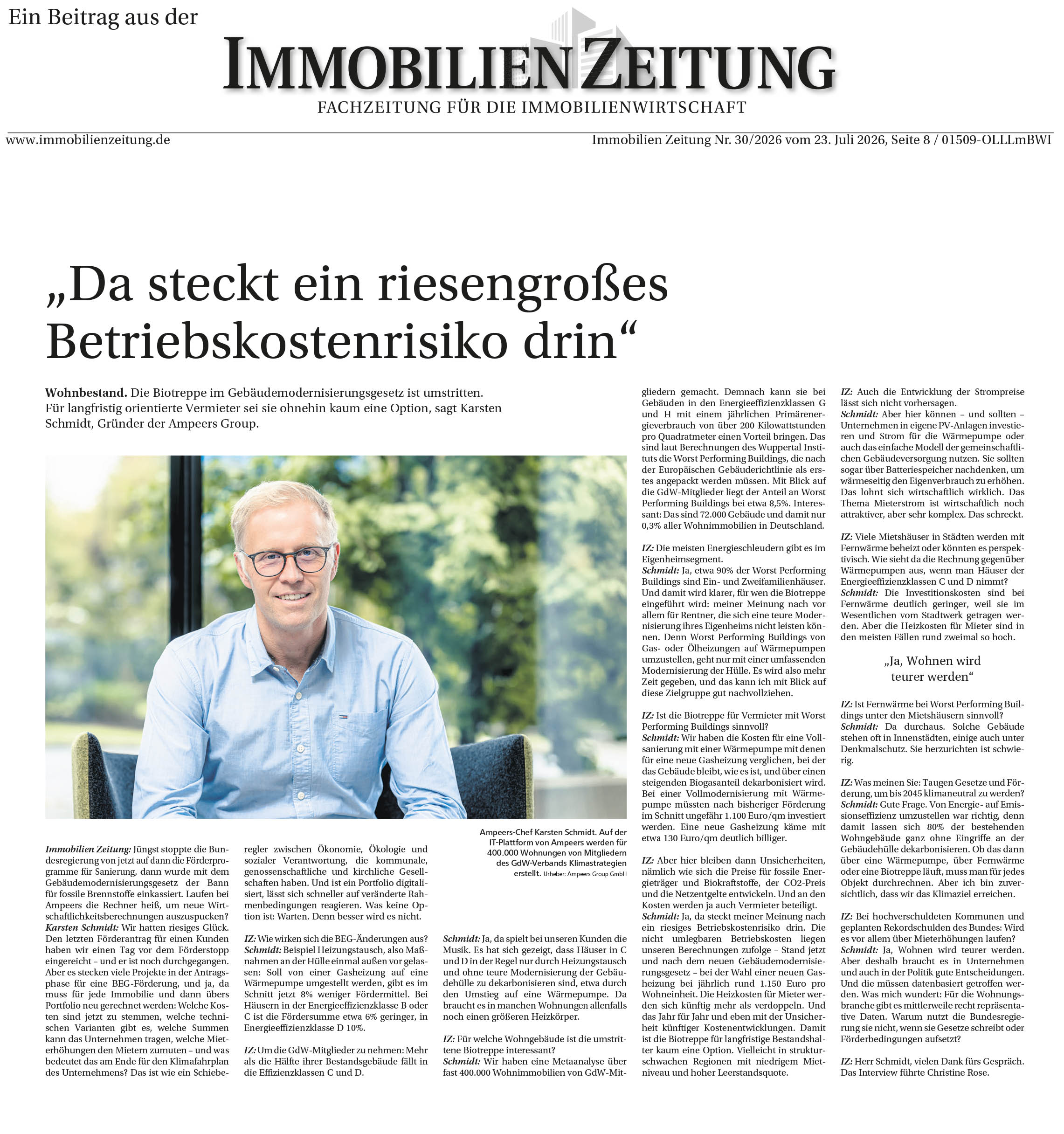 Interview mit Karsten Schmidt in der Immobilien Zeitung, Ausgabe 30/2026: „Da steckt ein riesengroßes Betriebskostenrisiko drin"