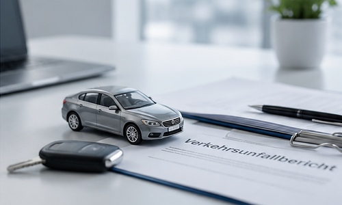 Modellauto, Autoschlüssel und Verkehrsunfallbericht auf einem Tisch mit Laptop und Pflanze im Hintergrund.