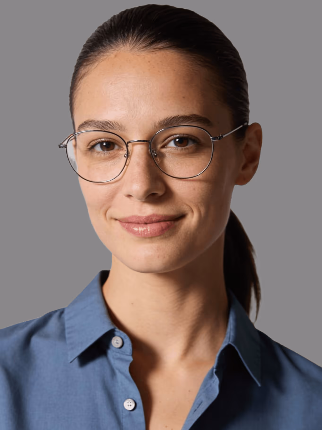 Woman with glasses and ponytail wearing a blue button-up shirt smiling slightly against gray background.