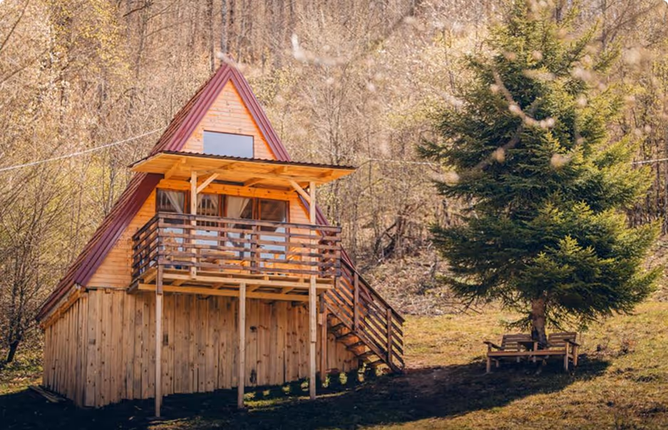 A frame cabin and pine tree during the day