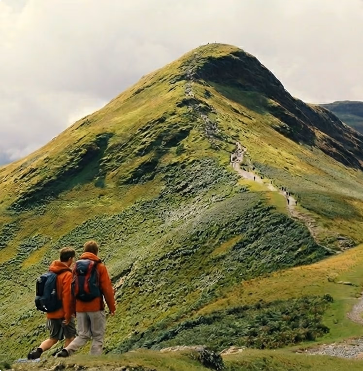 Group of men hiking with mountain in the background