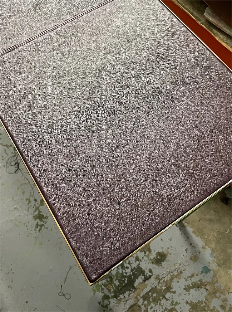 goatskin leather console table top with stitching
