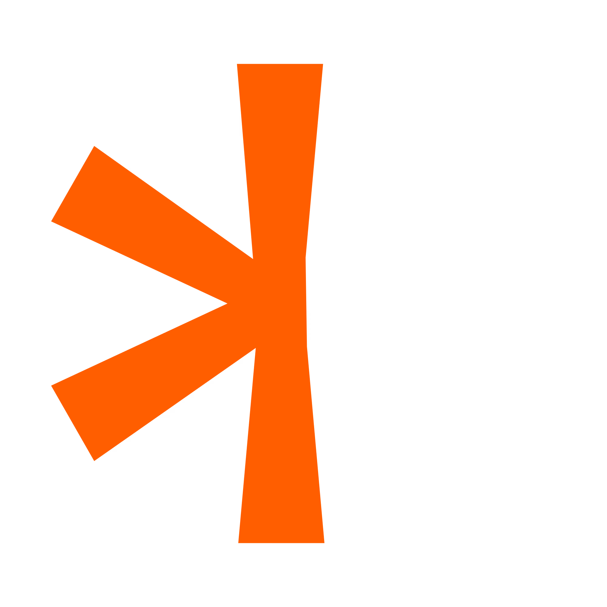 Oranžno abstraktno obliko s tremi kraki, ki se širijo iz središča na črni podlagi.