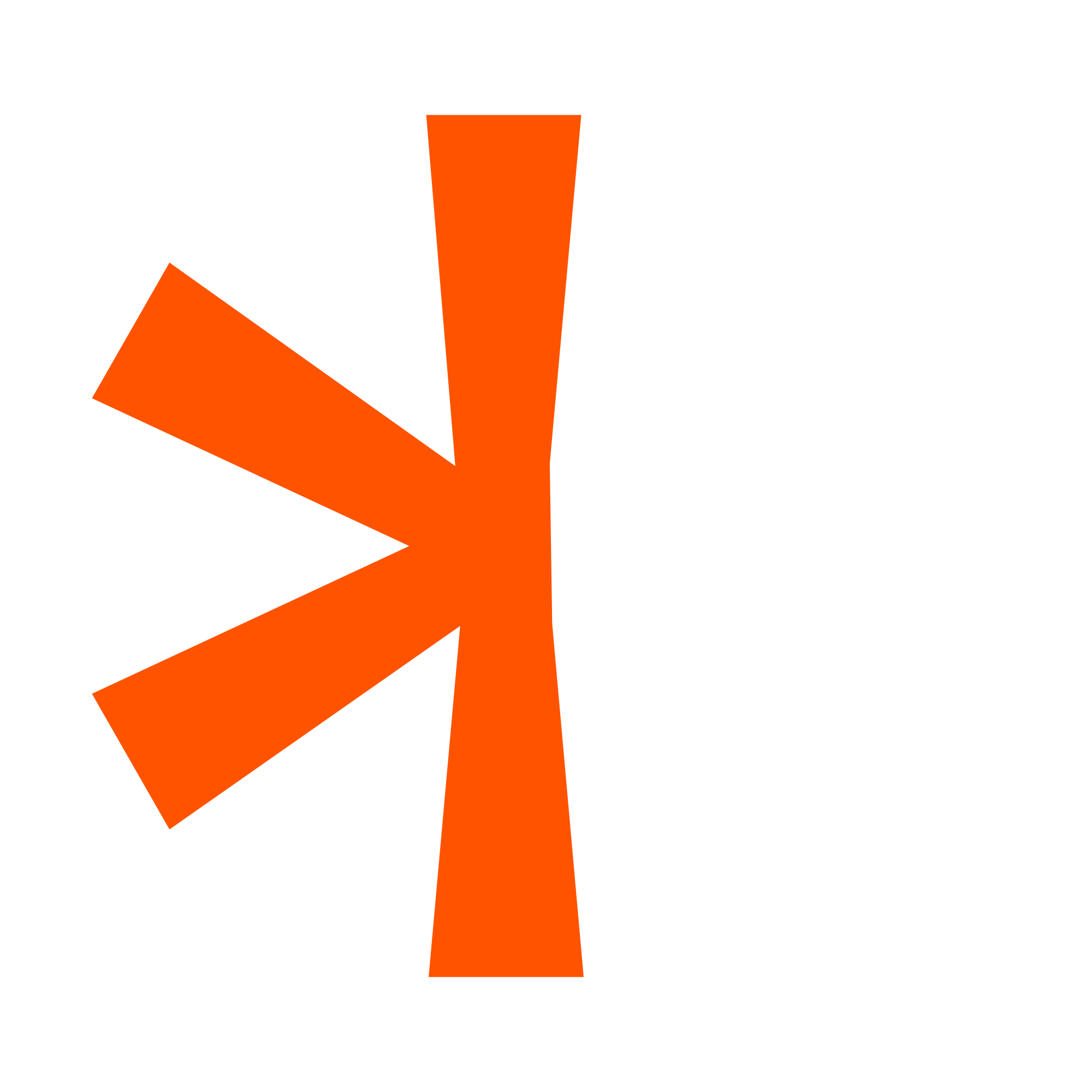 Oranžno abstraktno obliko s tremi kraki, ki se širijo iz središča na črni podlagi.