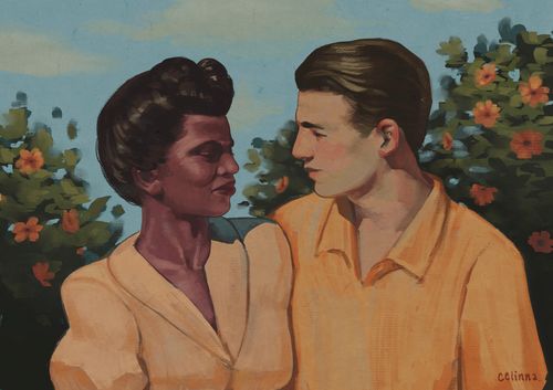 Digital Art study of "Enemies In Love," by Alexis Clark, using Singer Sargent's oil brushes. A young black female nurse and a young German POW male look at each other lovingly. There is a blue sky and orange flower bushes. Vintage, colourful oil painting.