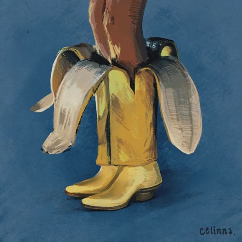 digital art study of bright yellow banana boots that peel open. brown legs wear the boots. background is blue. unblended painting style.