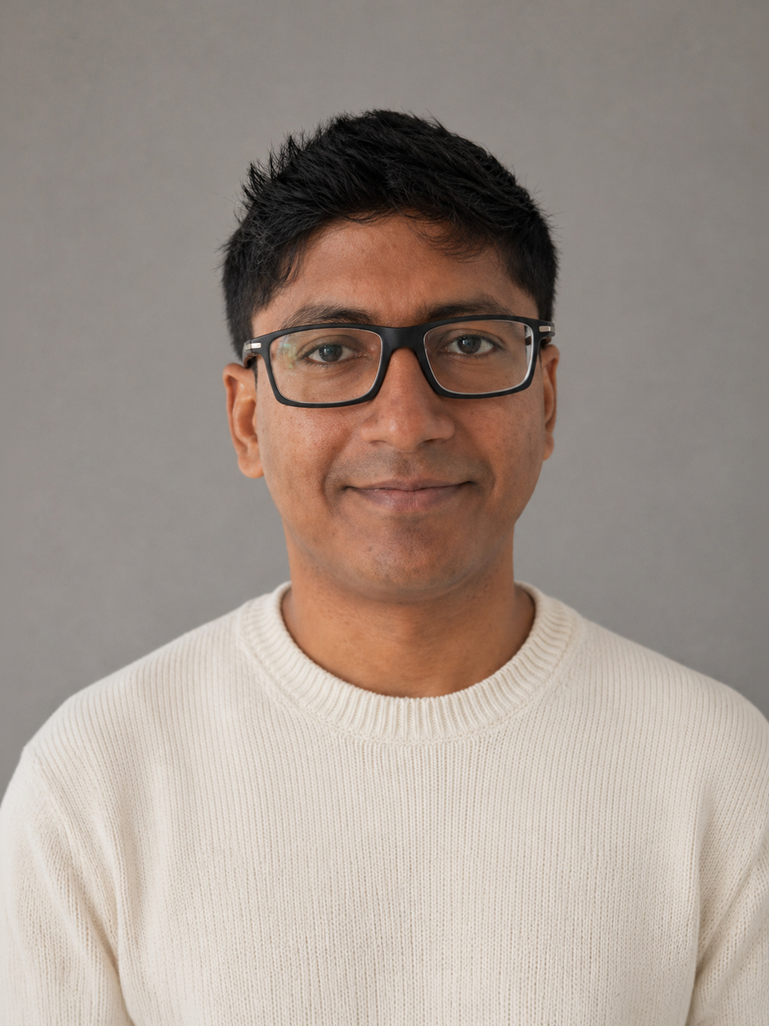 Man with short black hair and glasses wearing a white sweater against a gray background.