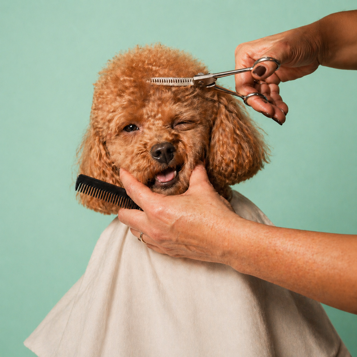 Curly brown dog getting a haircut with scissors and a comb against a light green background.