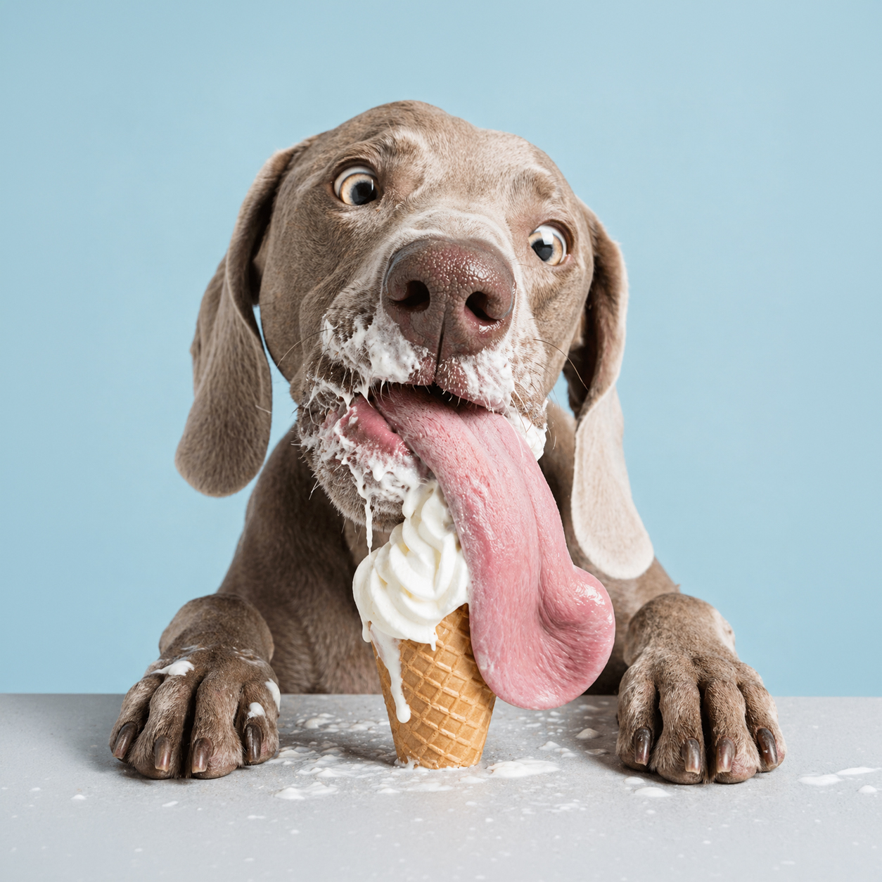 Dog with a long tongue eating melting soft-serve ice cream from a cone on a table.