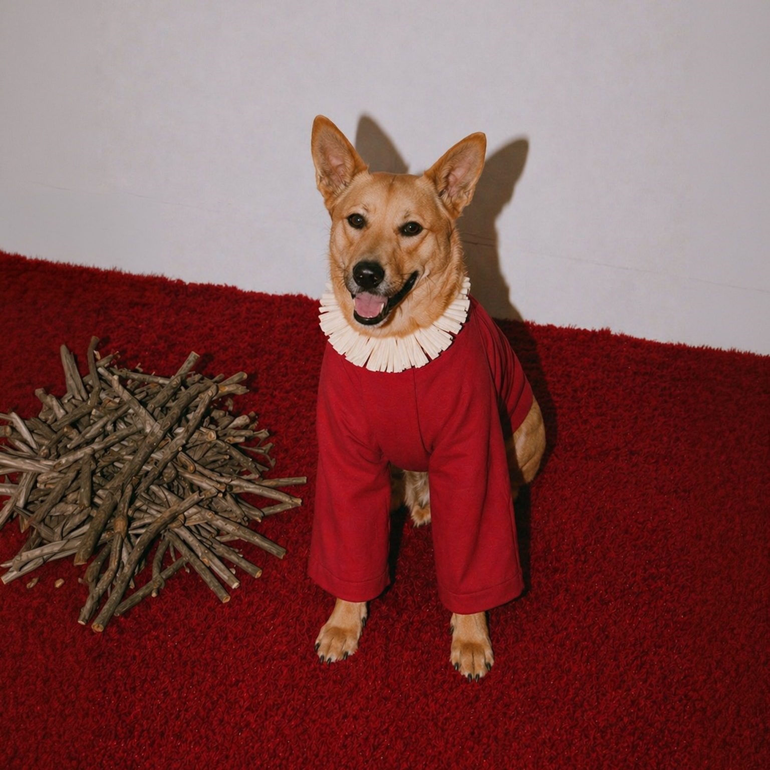 Tan dog wearing a red outfit with a white ruffled collar sitting on a red carpet next to a pile of sticks.