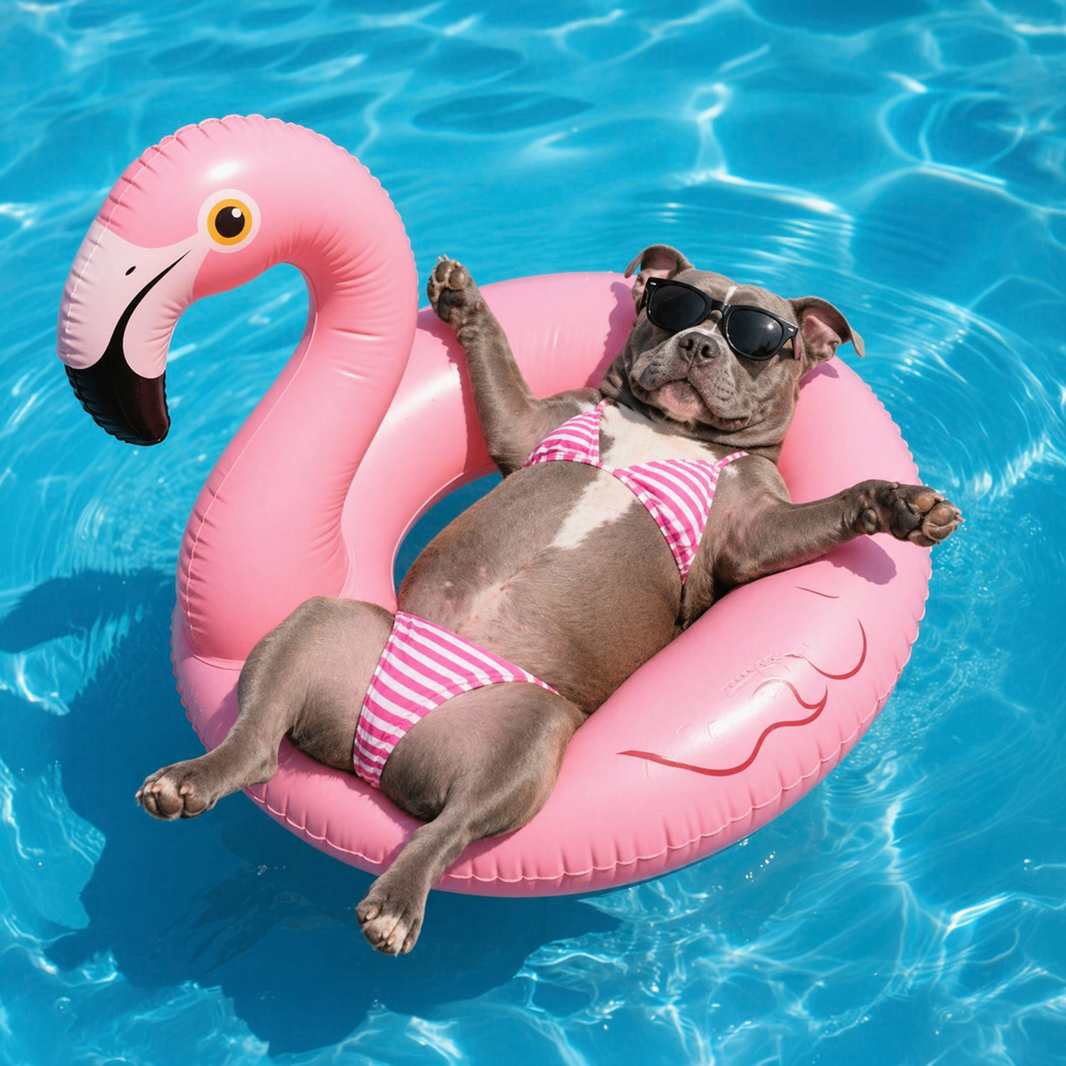 Dog wearing sunglasses and a pink striped bikini lying relaxed on a pink flamingo pool float in a blue swimming pool.