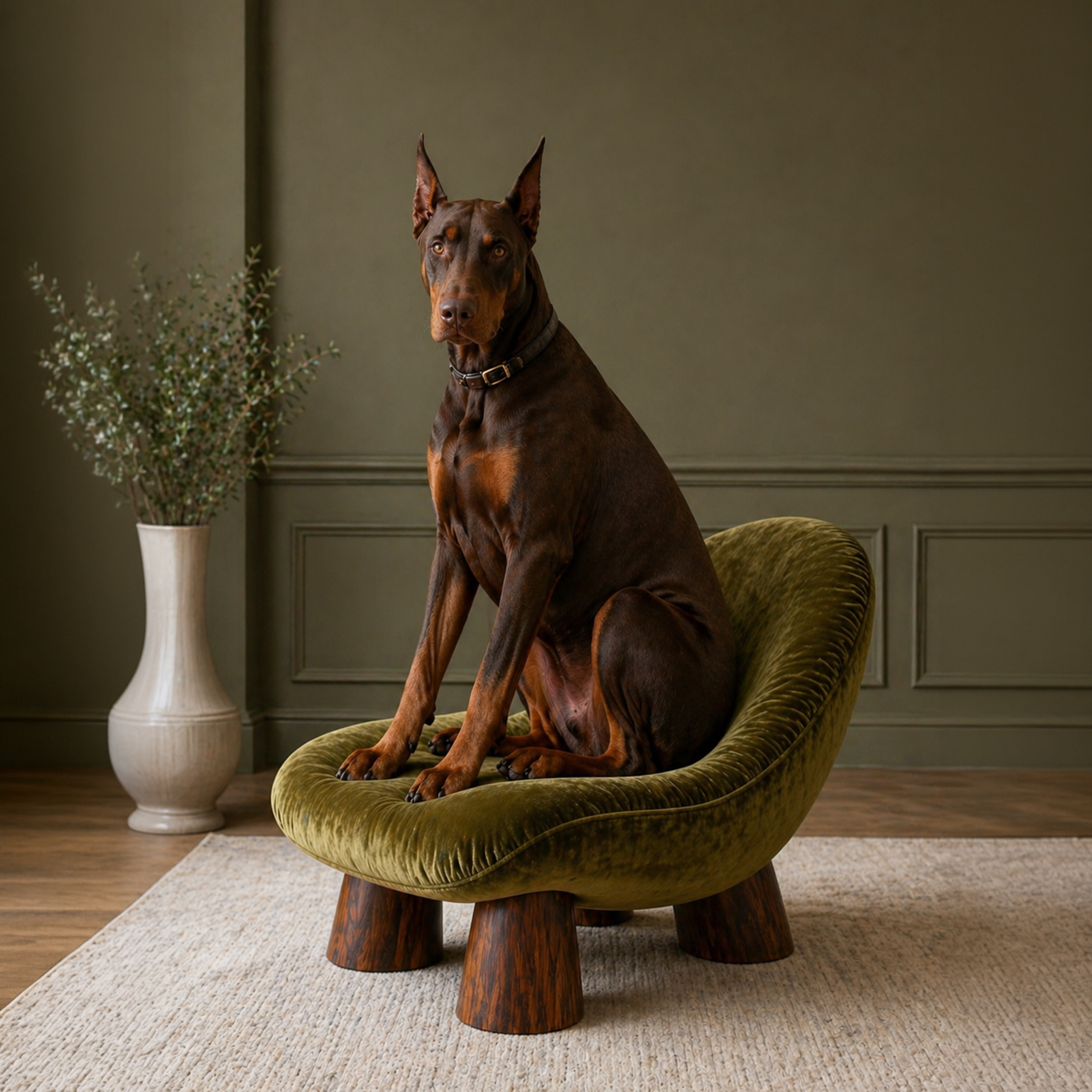 Doberman dog sitting on a green velvet chair in a minimalist room with a large vase of branches.