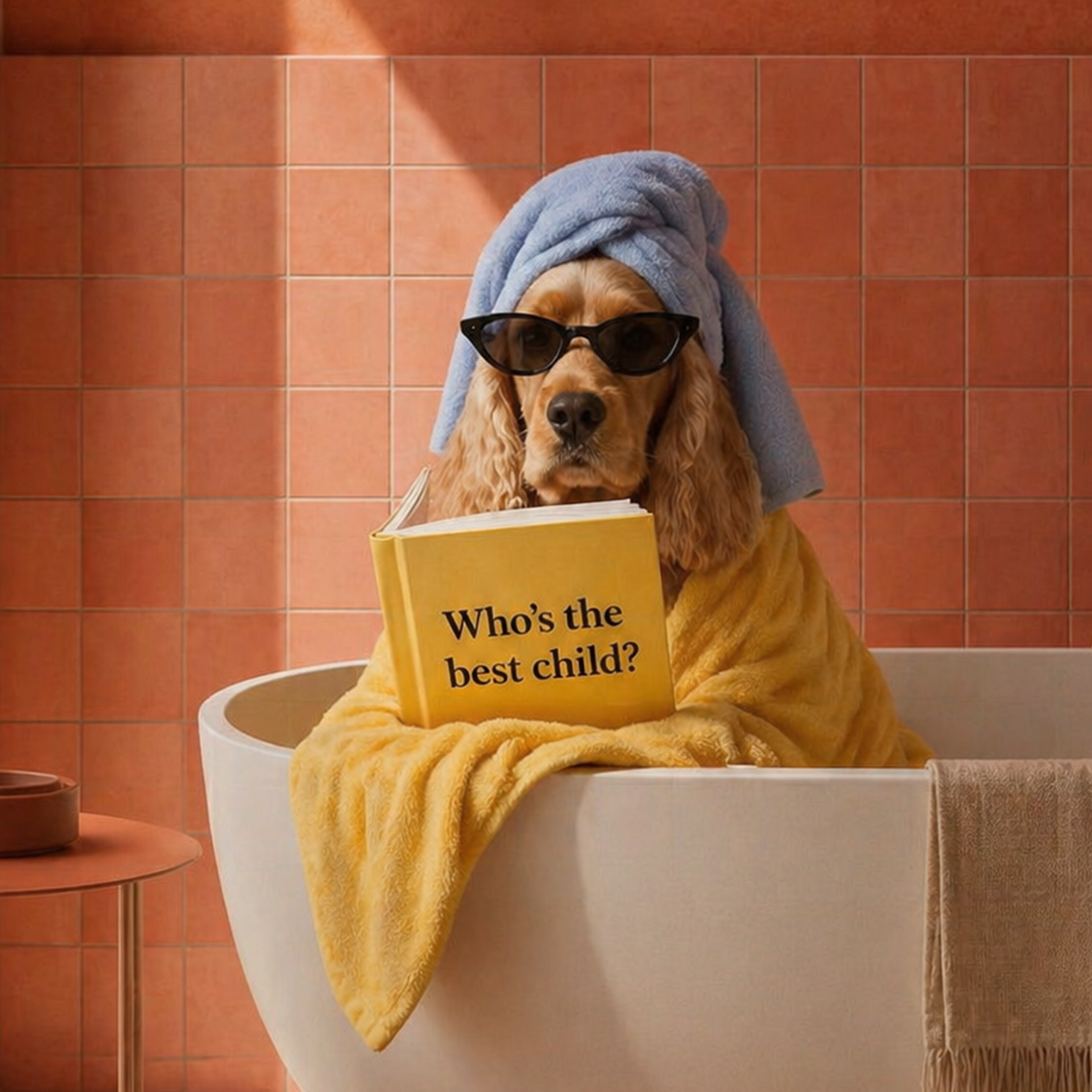 Dog with a blue towel on its head and black sunglasses, wrapped in a yellow blanket, sitting in a bathtub reading a book titled 'Who's the best child?'.