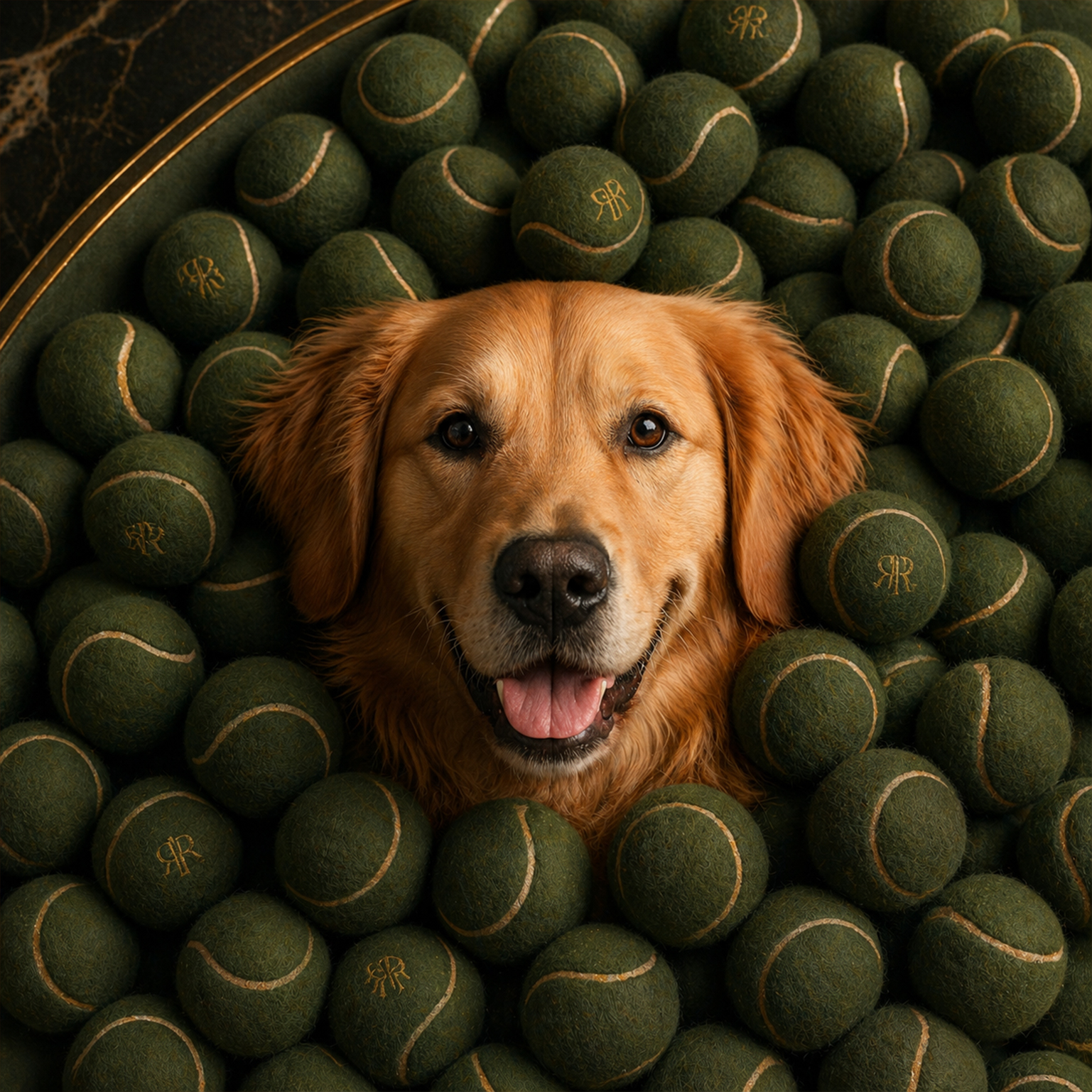 Golden retriever smiling, surrounded by many dark green tennis balls with gold markings.
