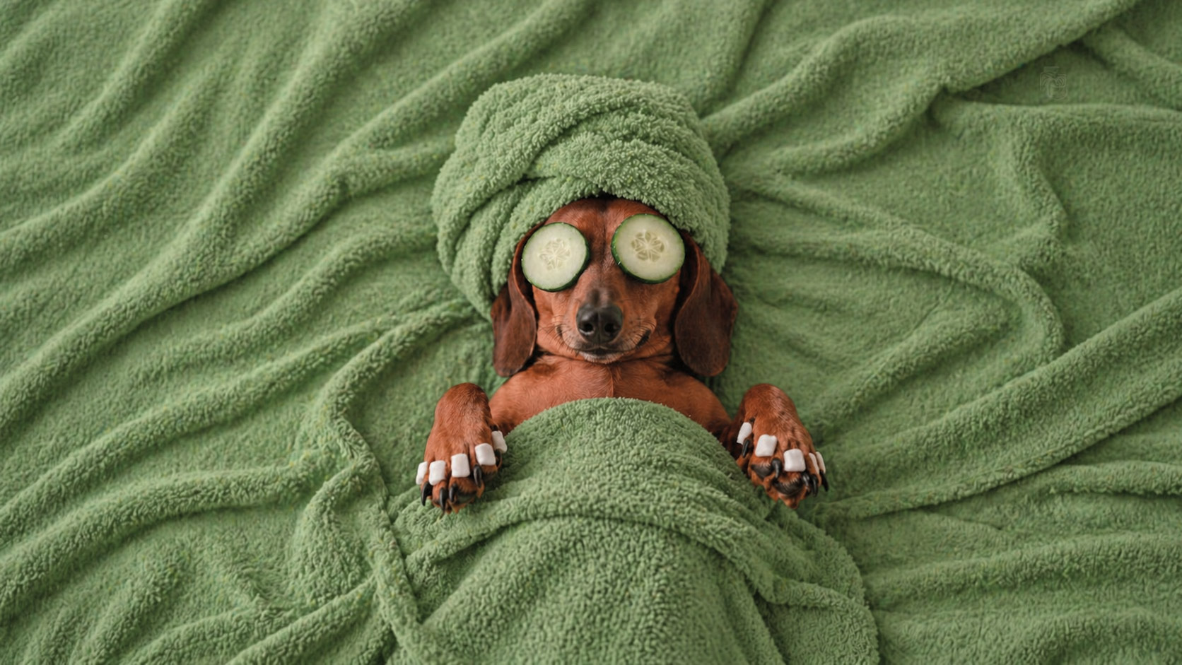 Small brown dachshund dog with cucumber slices on eyes, a green towel wrapped around its head, and its paws covered in cotton, relaxing on a green towel.