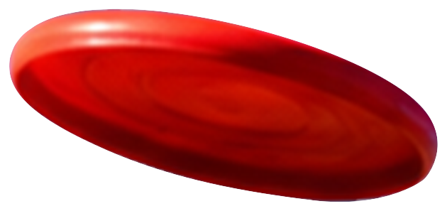 Red flying disc frisbee captured from a low angle with a glossy surface.