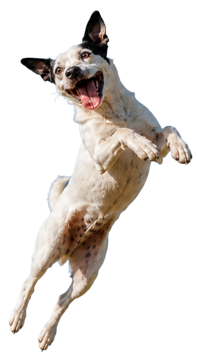 Energetic white dog with black ears joyfully leaping against a clear blue sky.