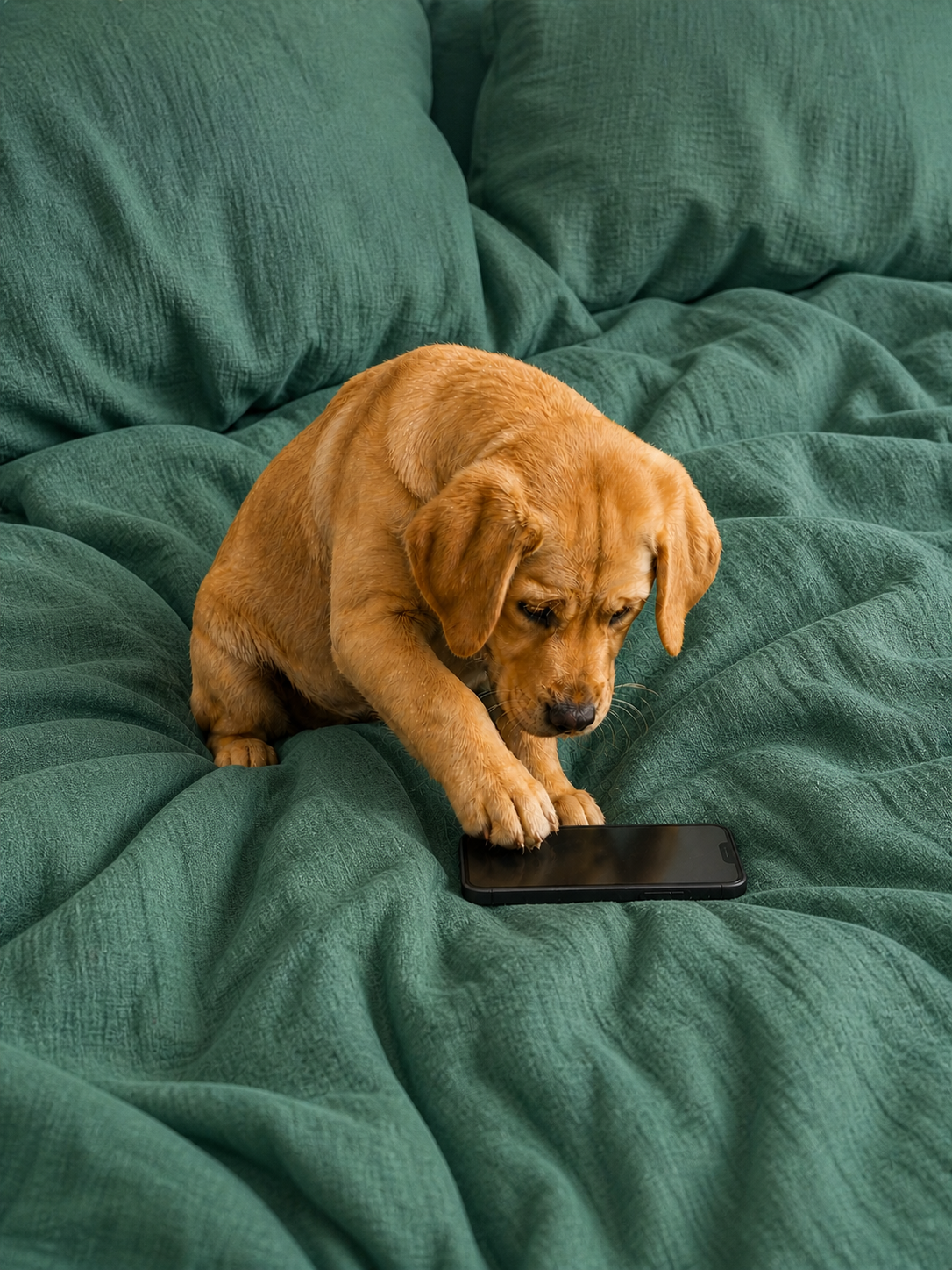 Golden retriever puppy sitting on a green blanket, pawing at a smartphone screen.