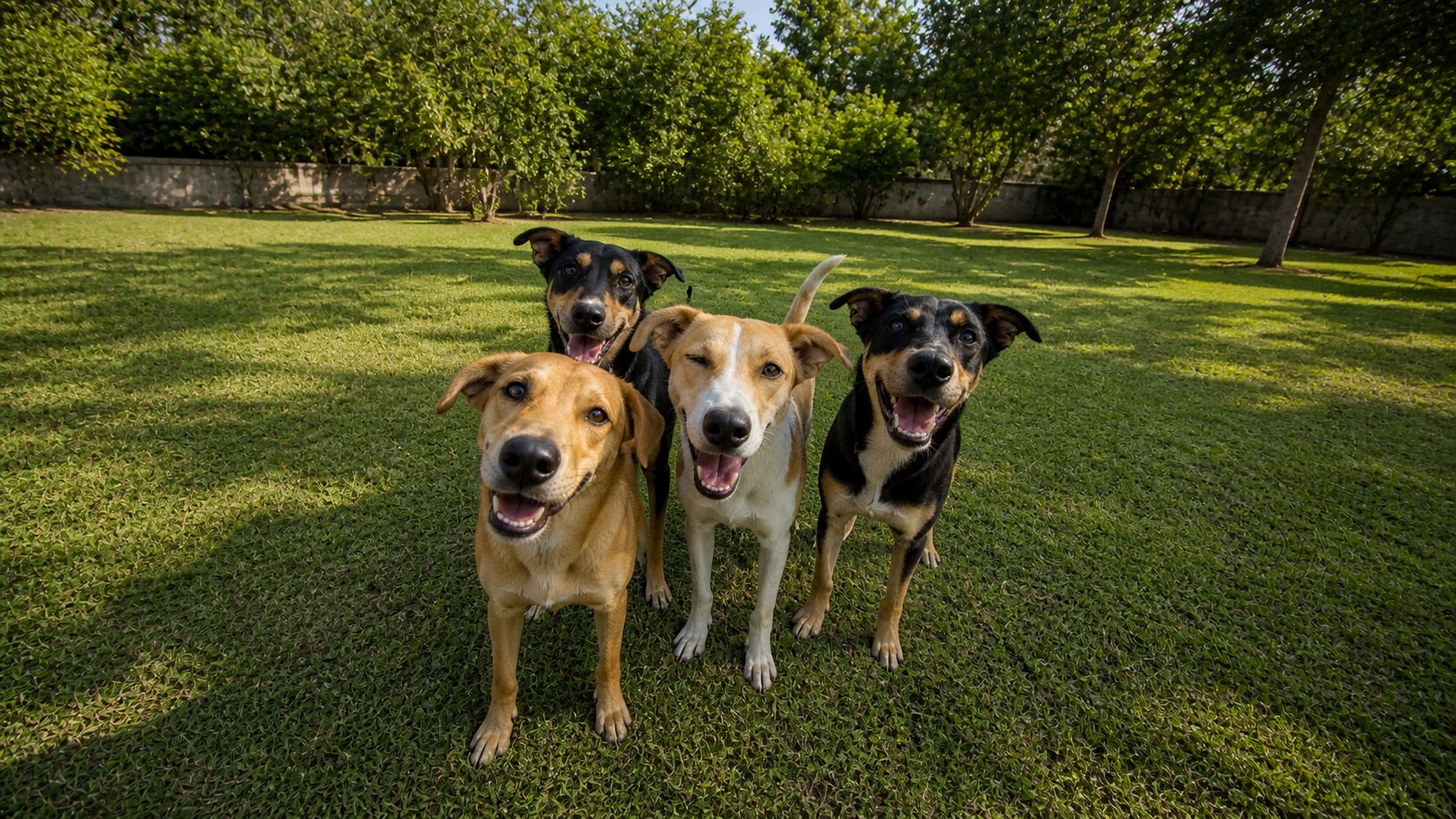 Four Indie dogs in a field looking happy