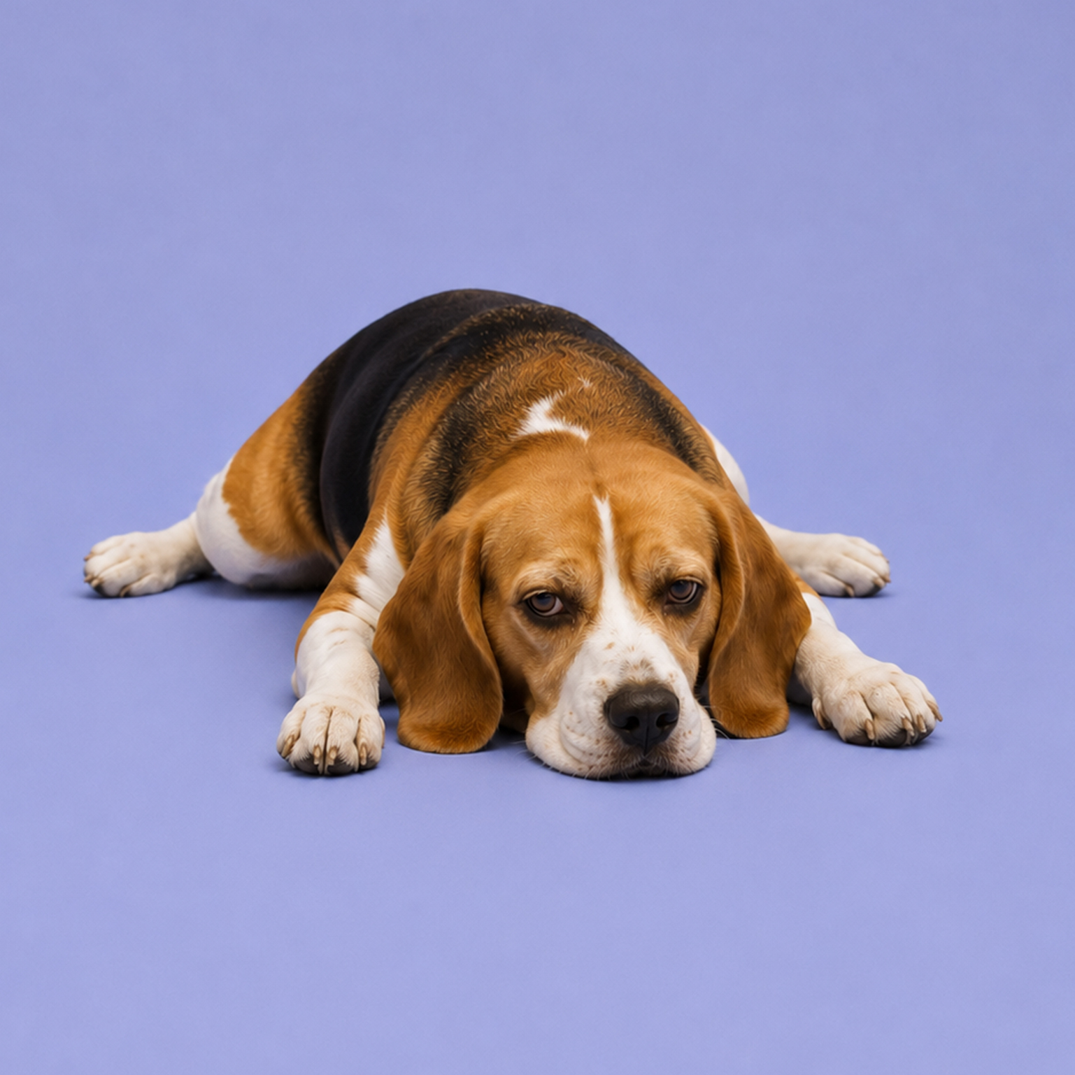 Beagle dog lying down on a light purple background with a calm expression.