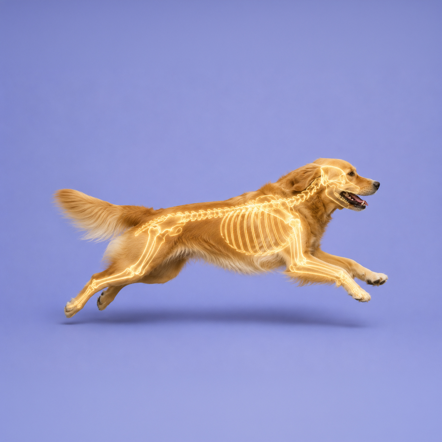 Golden retriever dog running with an overlay of its glowing skeletal anatomy on a purple background.