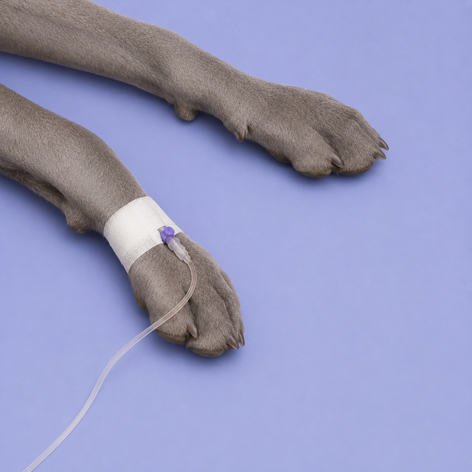 Gray dog’s front leg with an intravenous catheter attached, lying on a purple surface.