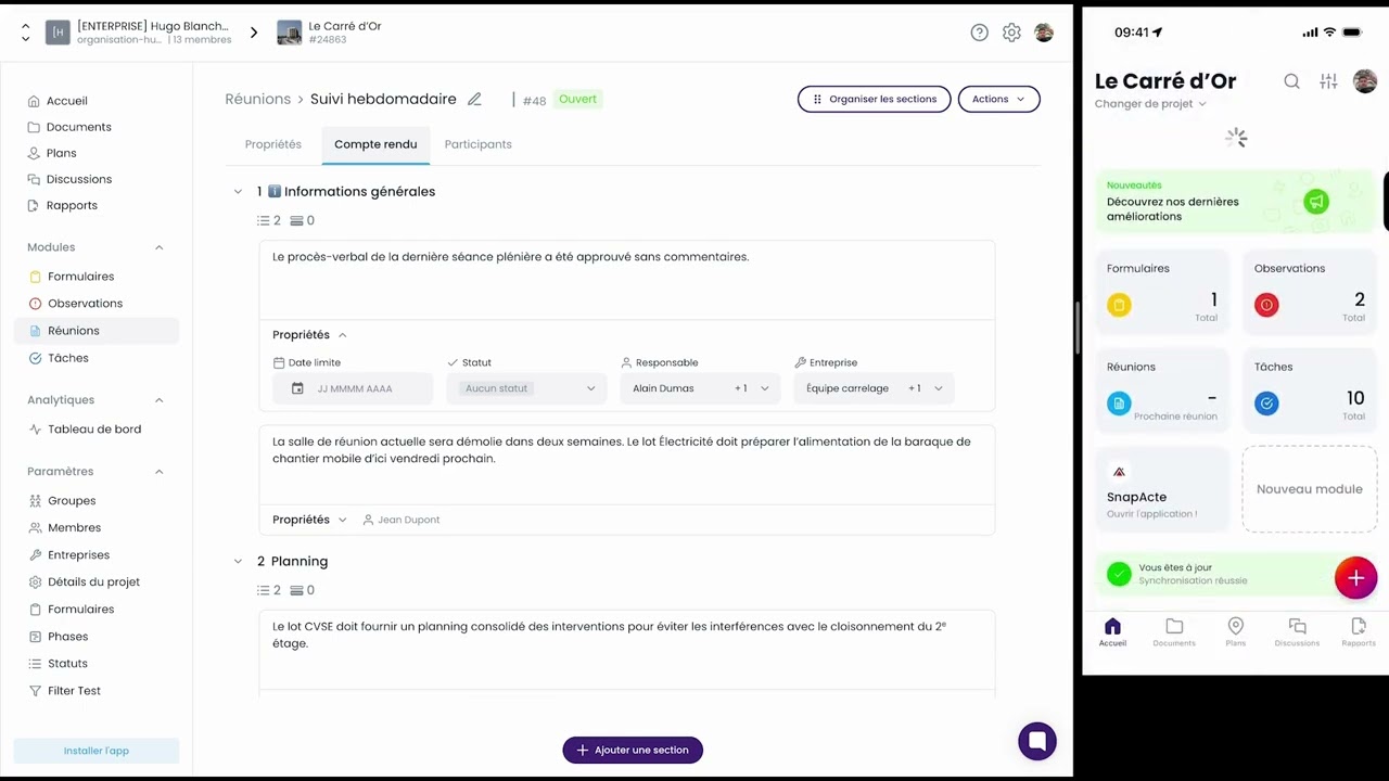 Project management app interface showing weekly meeting notes, task stats, and navigation menu in French.