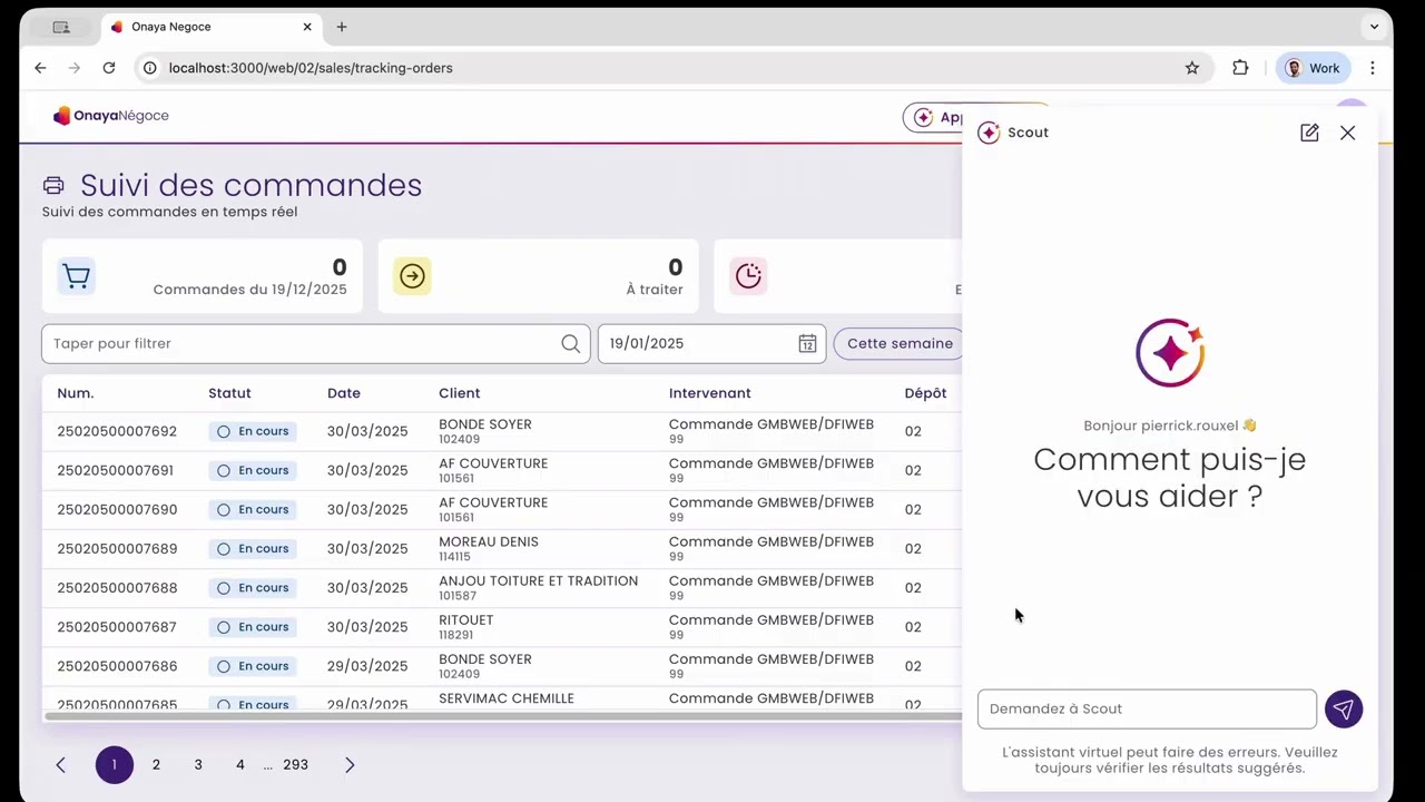 Order tracking interface with list of ongoing sales orders and a chat assistant greeting in French.