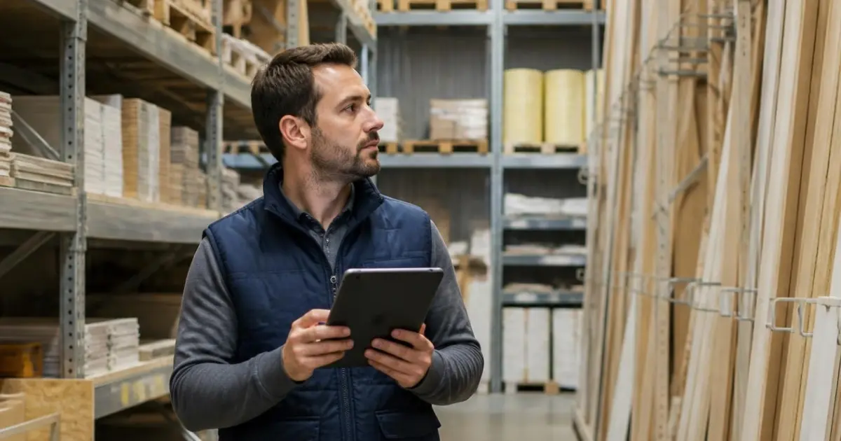 Commerce unifié bricolage homme avec tablette dans une réserve