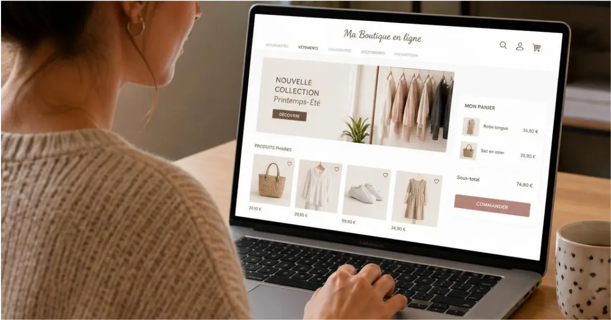 Cliente utilisant le moteur de recherche e-commerce d'un site de mode sur ordinateur portable