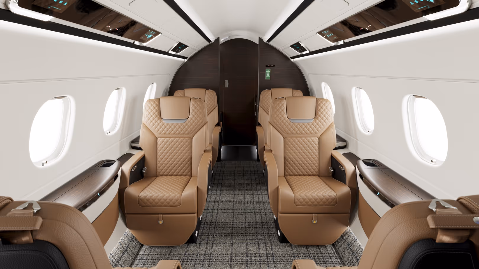 Interior of a private jet with six beige leather seats arranged in pairs facing each other and windows on both sides.