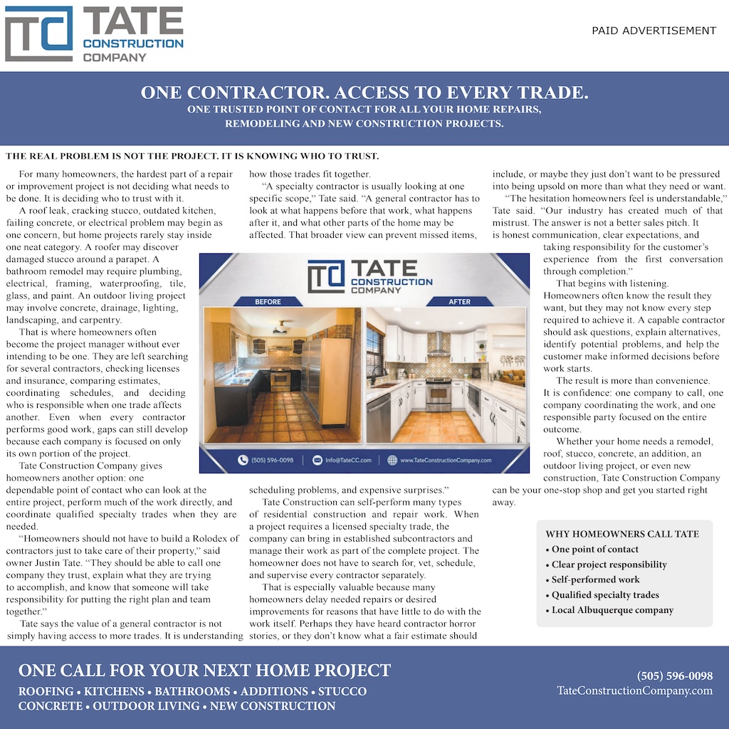 Tate Construction Company newspaper advertorial titled One Contractor Access to Every Trade