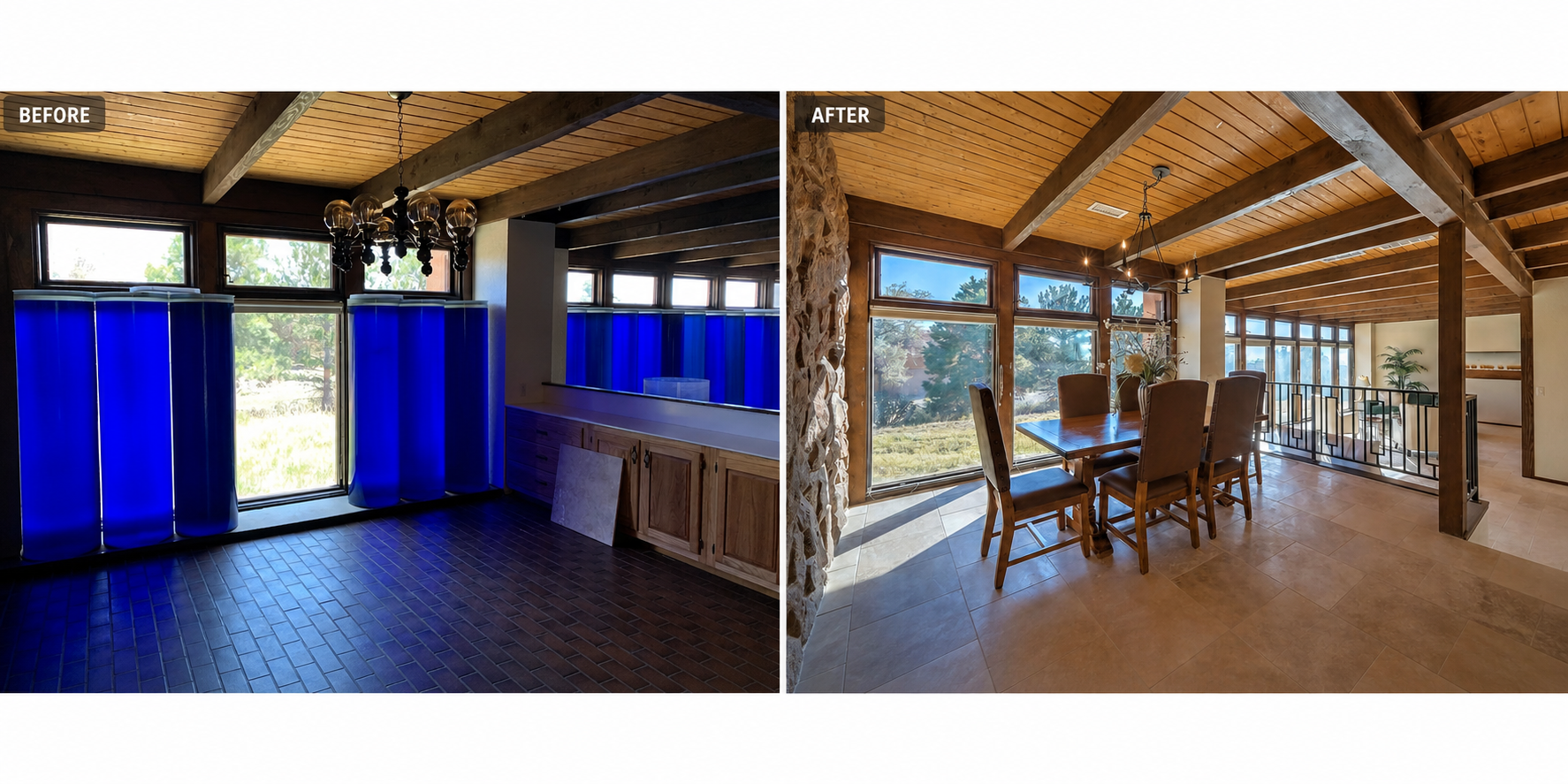 Passive solar tanks removed, flooring replaced, lighting replaced, and wrought iron railing installed at Sandia Home