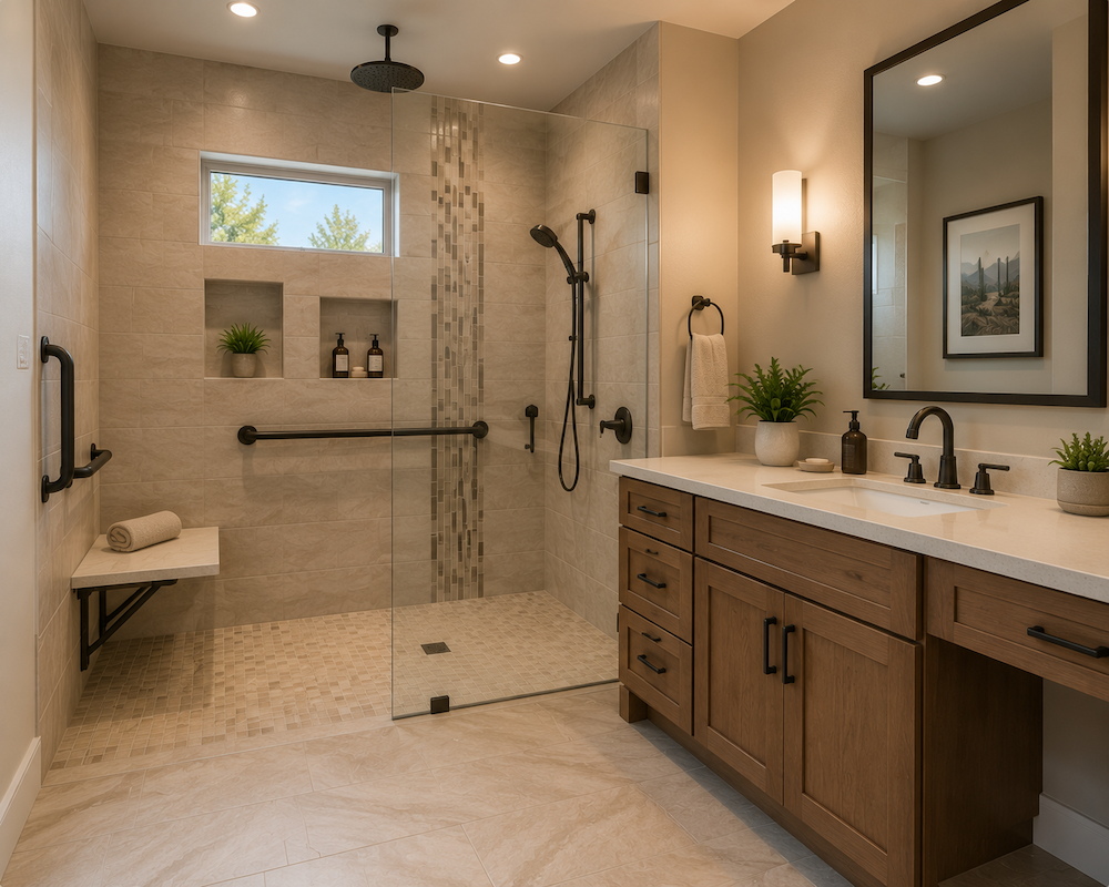 Zero curb shower with bench and grab bars