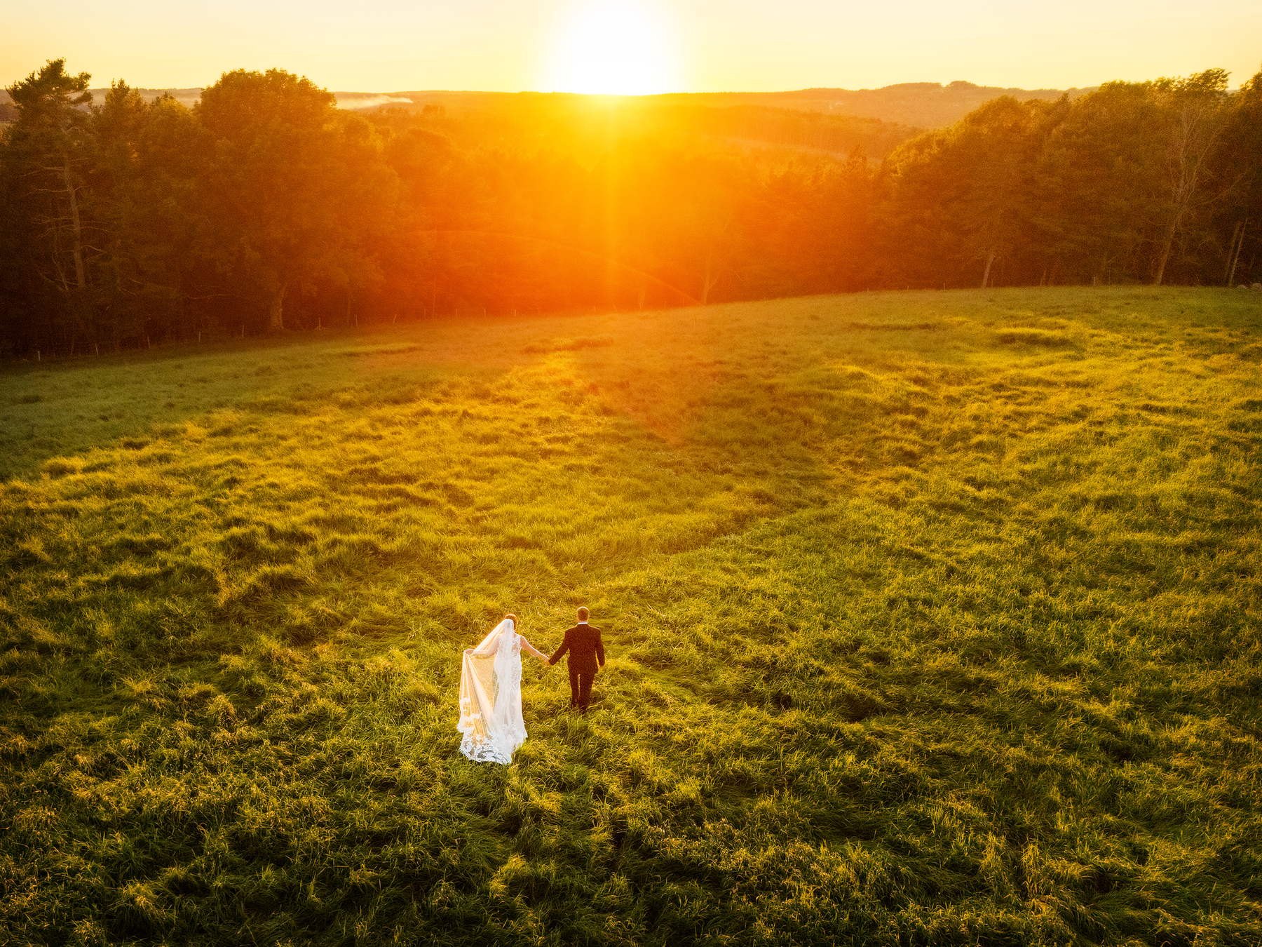Bride and groom walking through a hayfield at sunset, drone photo from a Nova Scotia wedding