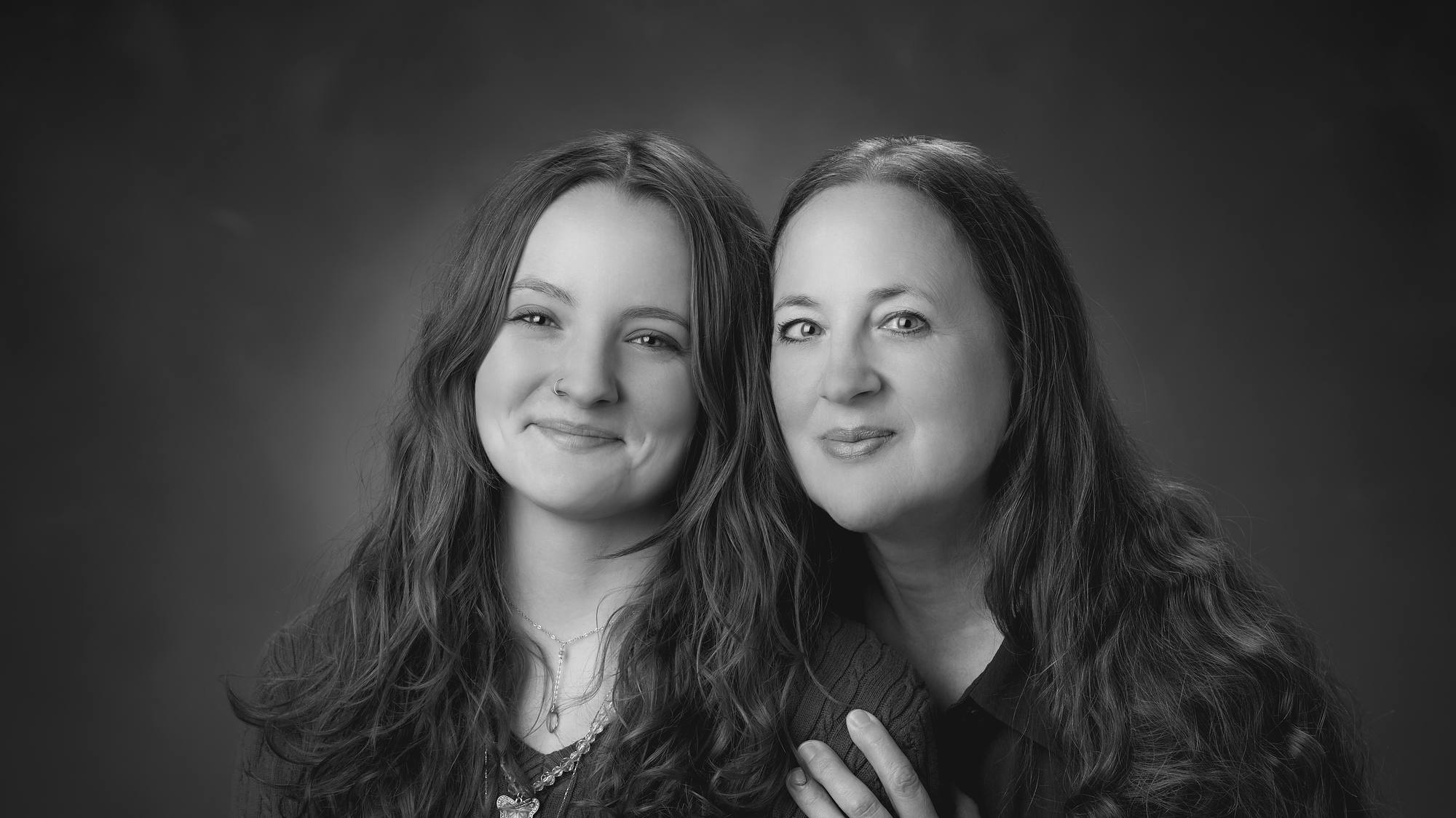 Mother and teen daughter, black and white studio portrait in Hammonds Plains
