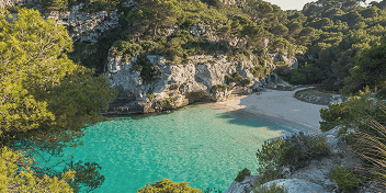 Secluded cove with turquoise water surrounded by rocky cliffs and lush green trees.