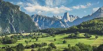Green valley with scattered trees and jagged mountains under a partly cloudy sky.