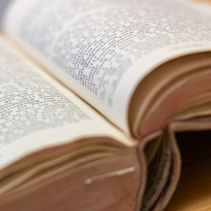 Nahaufnahme eines aufgeschlagenen historischen Fachbuchs mit eng gesetztem Text in Frakturschrift.