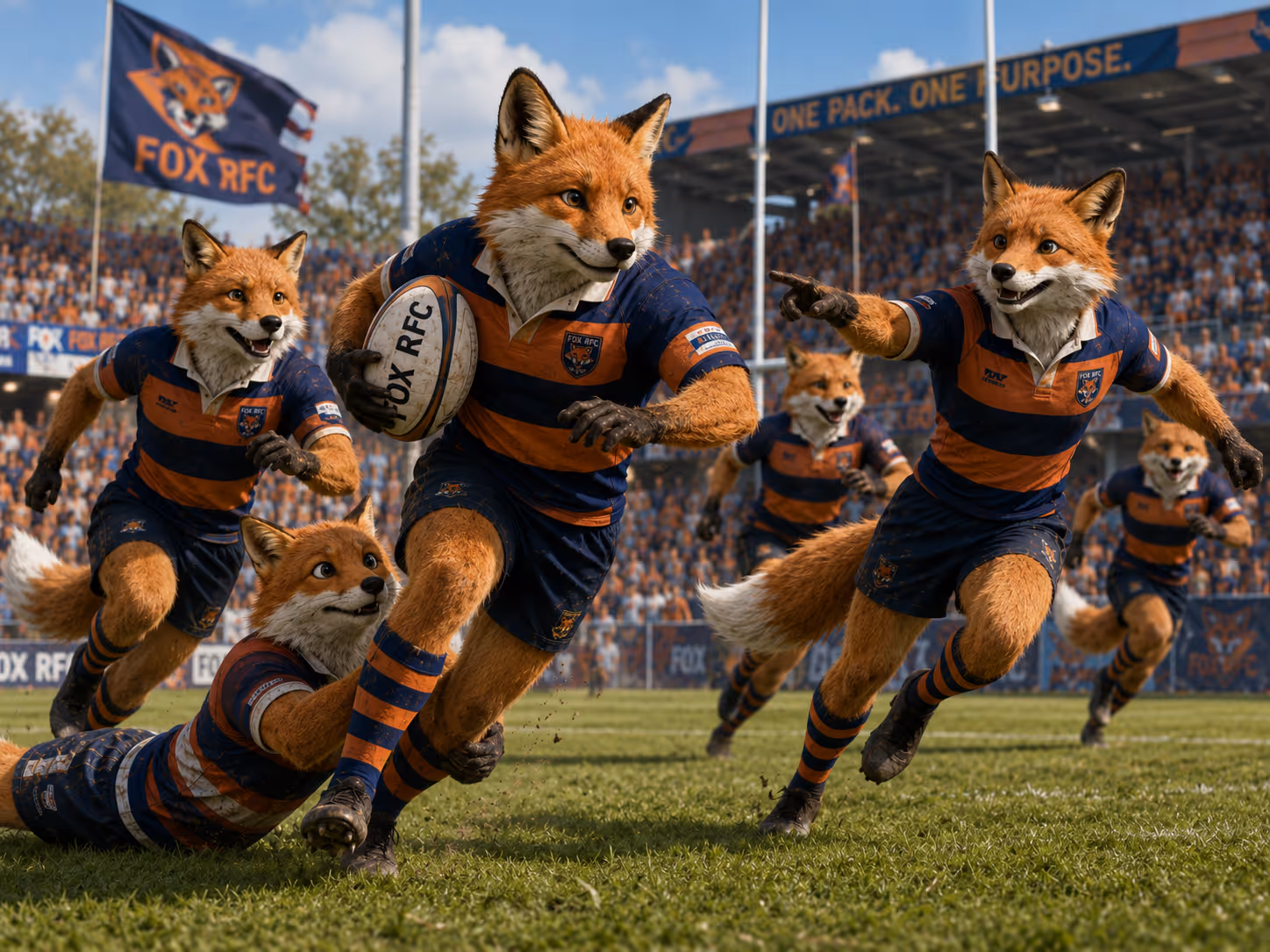Anthropomorphic foxes in rugby uniforms playing on a field, one holding a rugby ball while others run.